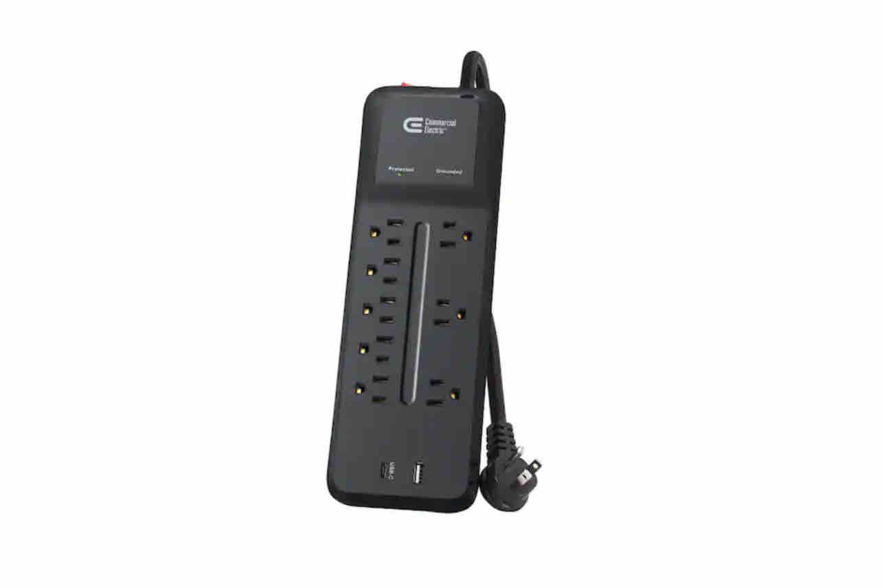 Commercial Electric 12 ft. Braided Cord 8-Outlet Surge Protector with 1 USB and 1 USB-C, Black