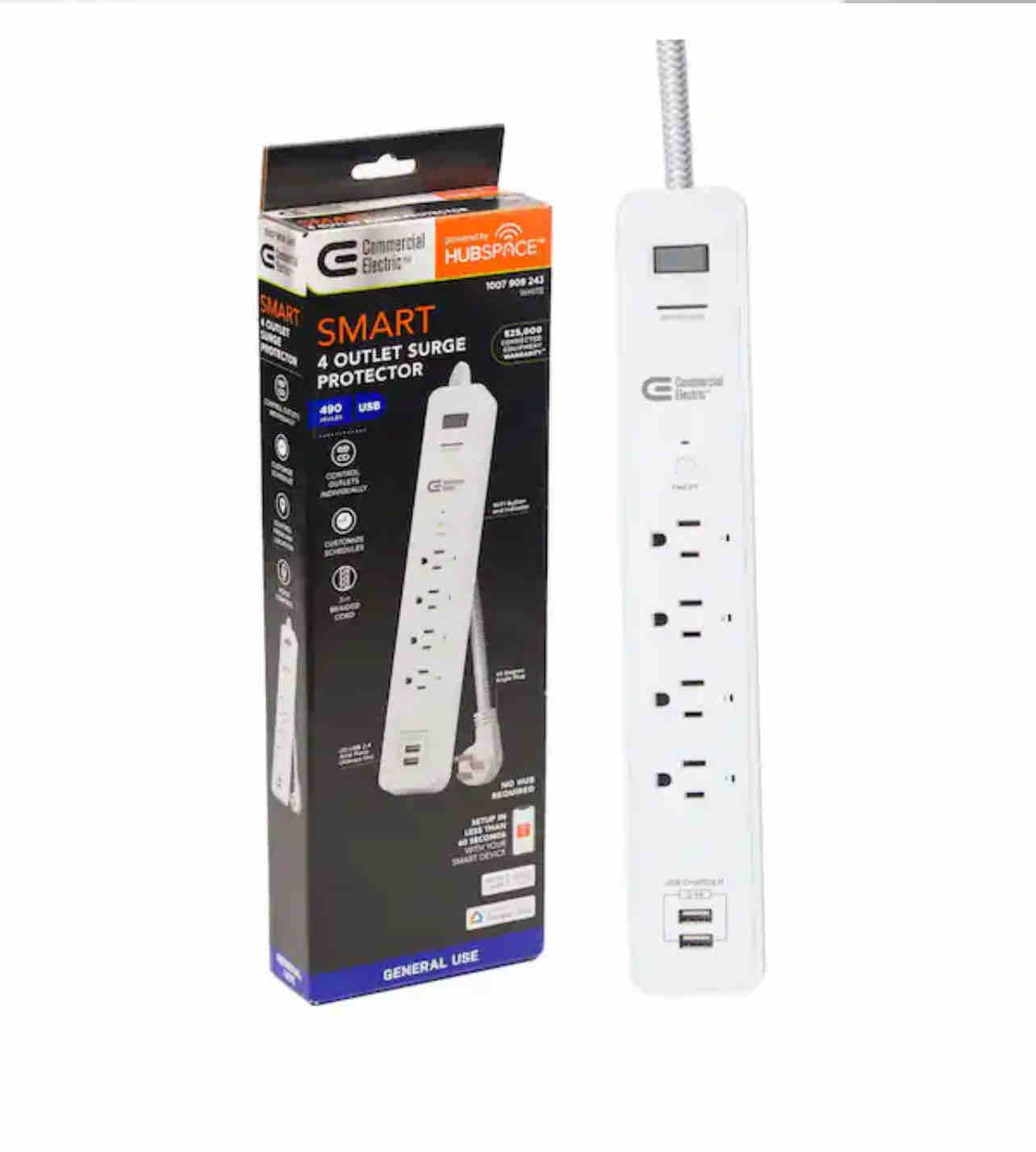 Commercial Electric 3 ft. 4-Outlet White Surge Protector Smart with USB Powered by Hubspace