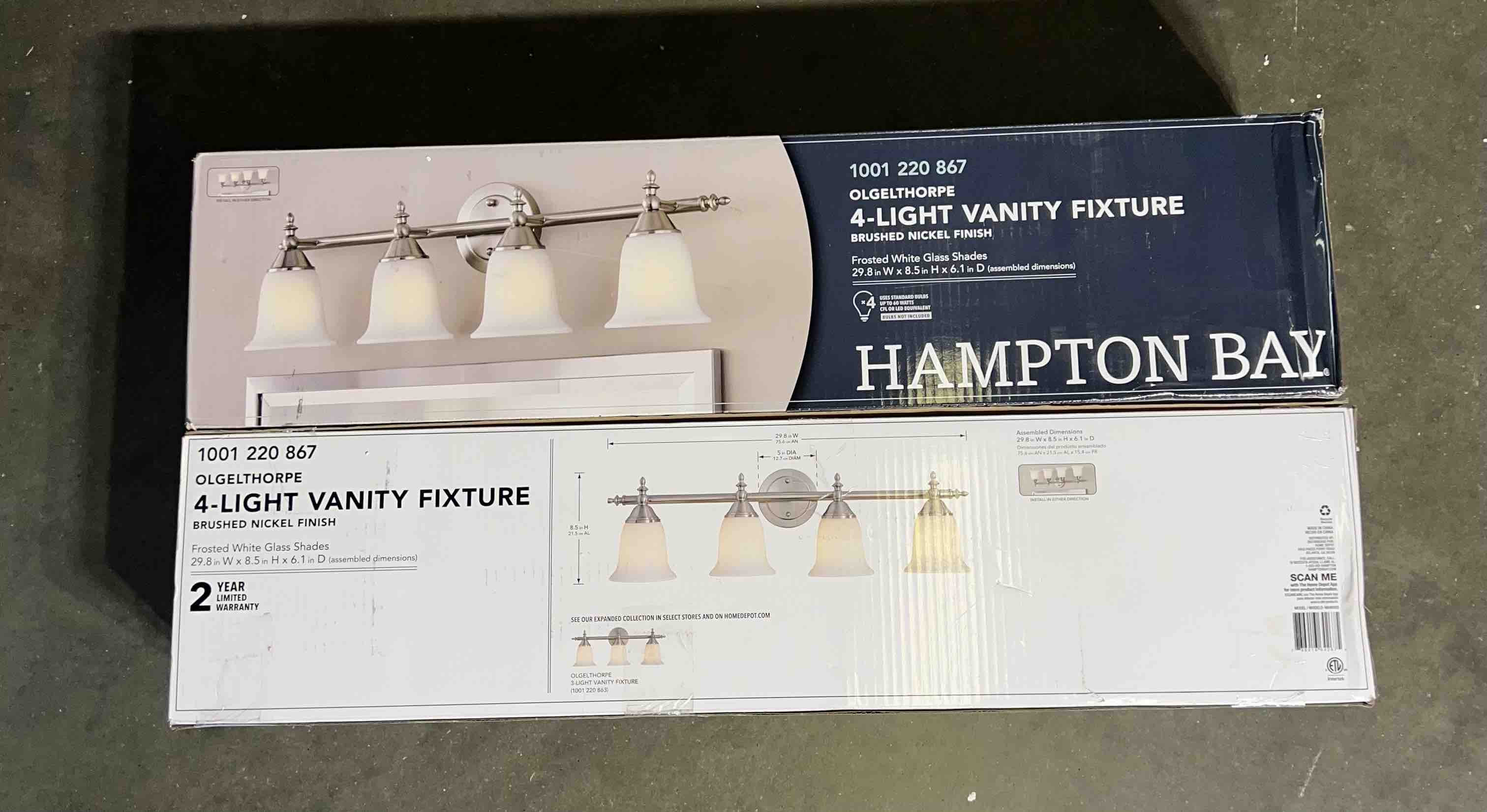 Hampton Bay Olgelthorpe 29.8 in. 4-Light Brushed Nickel Bathroom Vanity Light Fixture with Bell Shaped Frosted Glass Shades