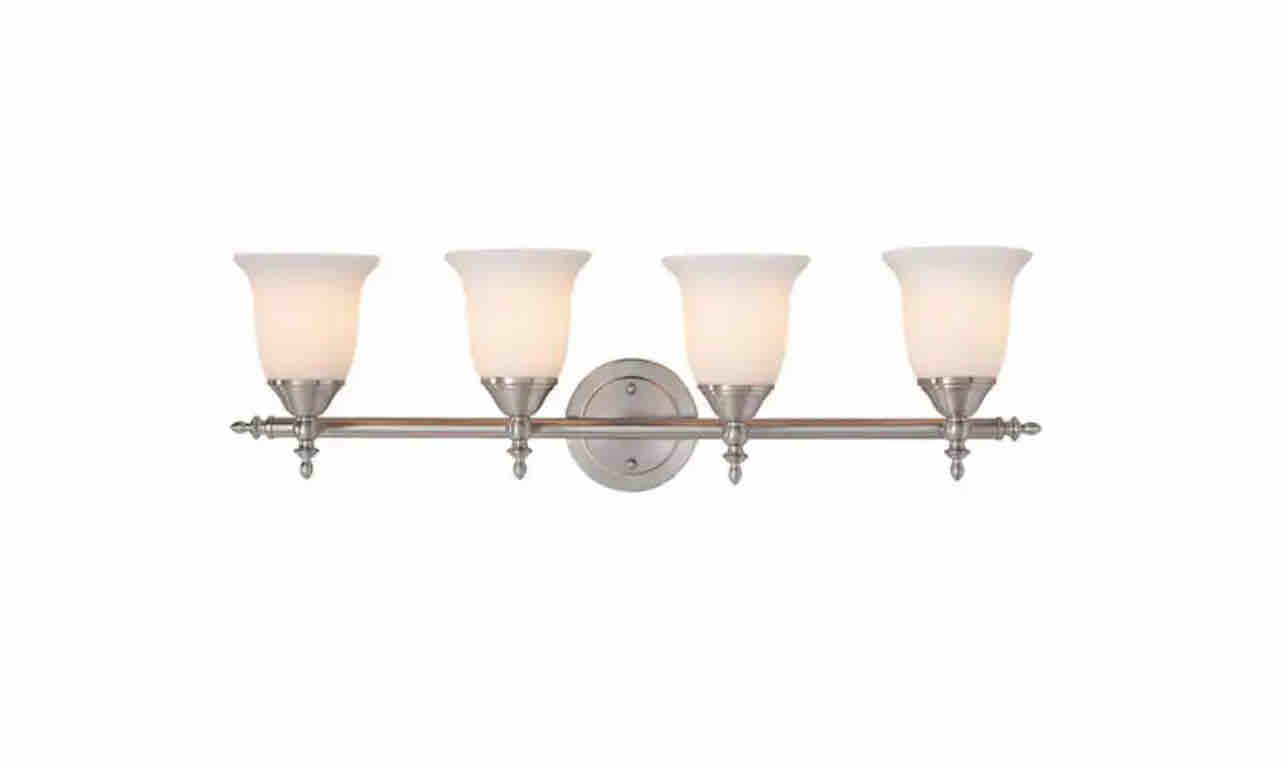 Hampton Bay Olgelthorpe 29.8 in. 4-Light Brushed Nickel Bathroom Vanity Light Fixture with Bell Shaped Frosted Glass Shades