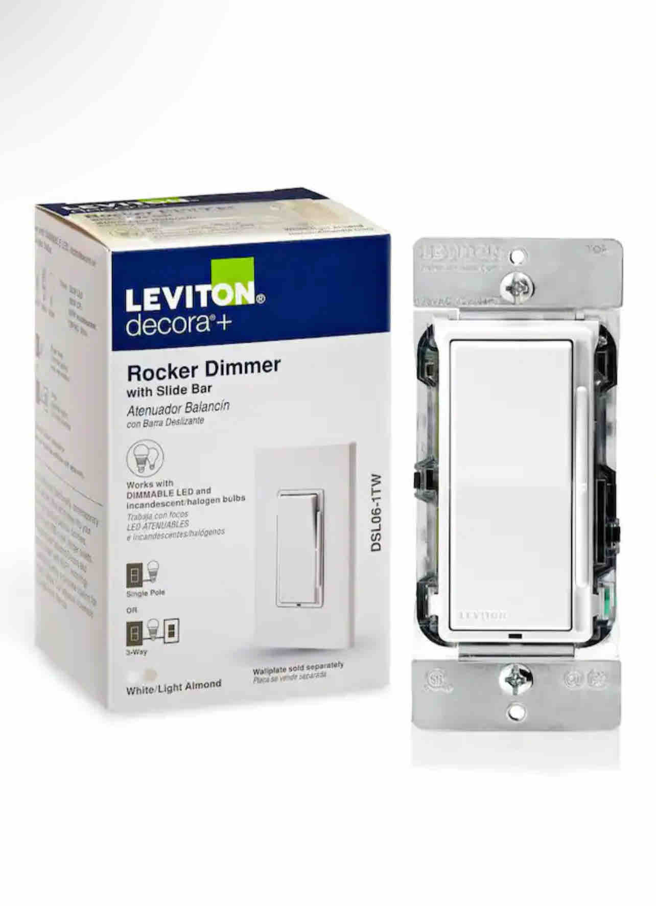 Leviton Decora 600-Watt Single-Pole/3-Way Universal Rocker Slide Dimmer, White/Light Almond
