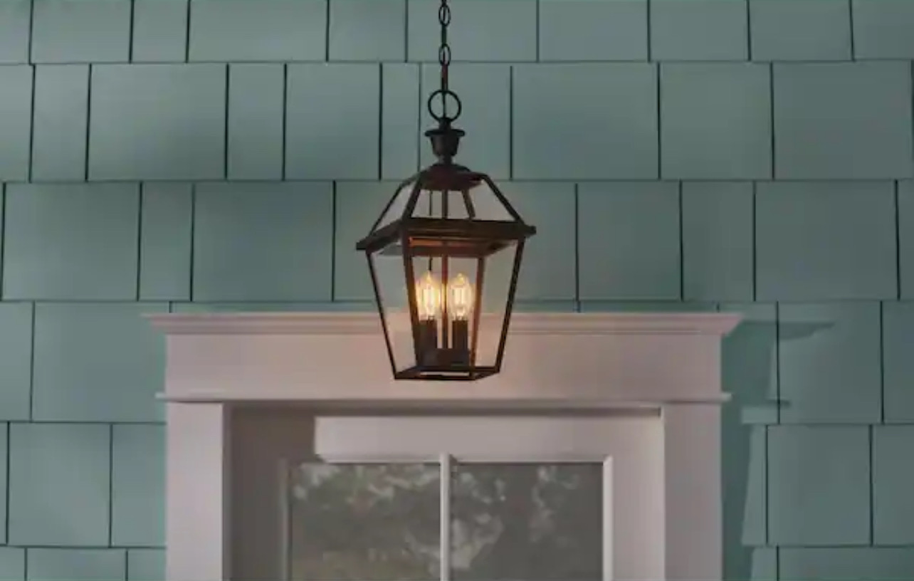 Home Decorator’s Collection Glenneyre 8-5/8 in. W 2-Light Matte Black French Quarter Gas Style Outdoor Hanging Pendant Light with Clear Glass