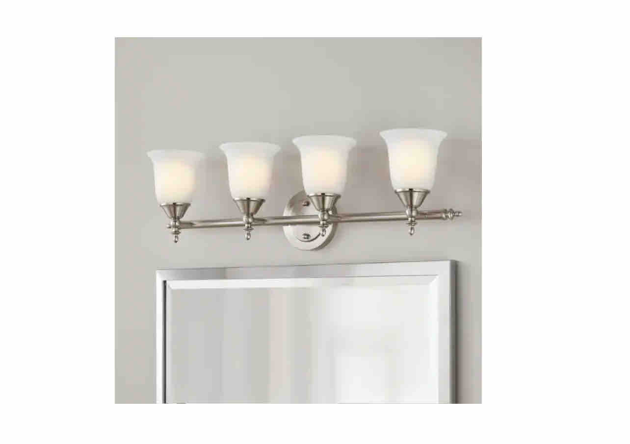 Hampton Bay Olgelthorpe 29.8 in. 4-Light Brushed Nickel Bathroom Vanity Light Fixture with Bell Shaped Frosted Glass Shades