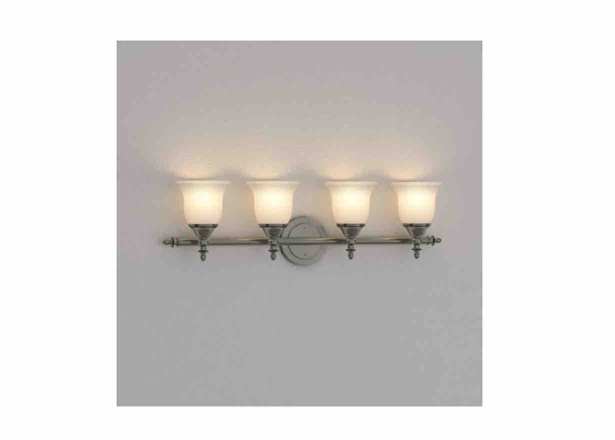 Hampton Bay Olgelthorpe 29.8 in. 4-Light Brushed Nickel Bathroom Vanity Light Fixture with Bell Shaped Frosted Glass Shades