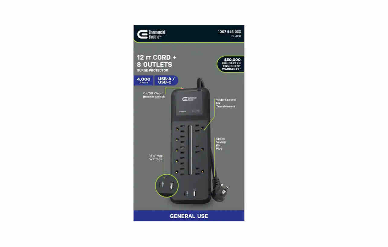 Commercial Electric 12 ft. Braided Cord 8-Outlet Surge Protector with 1 USB and 1 USB-C, Black