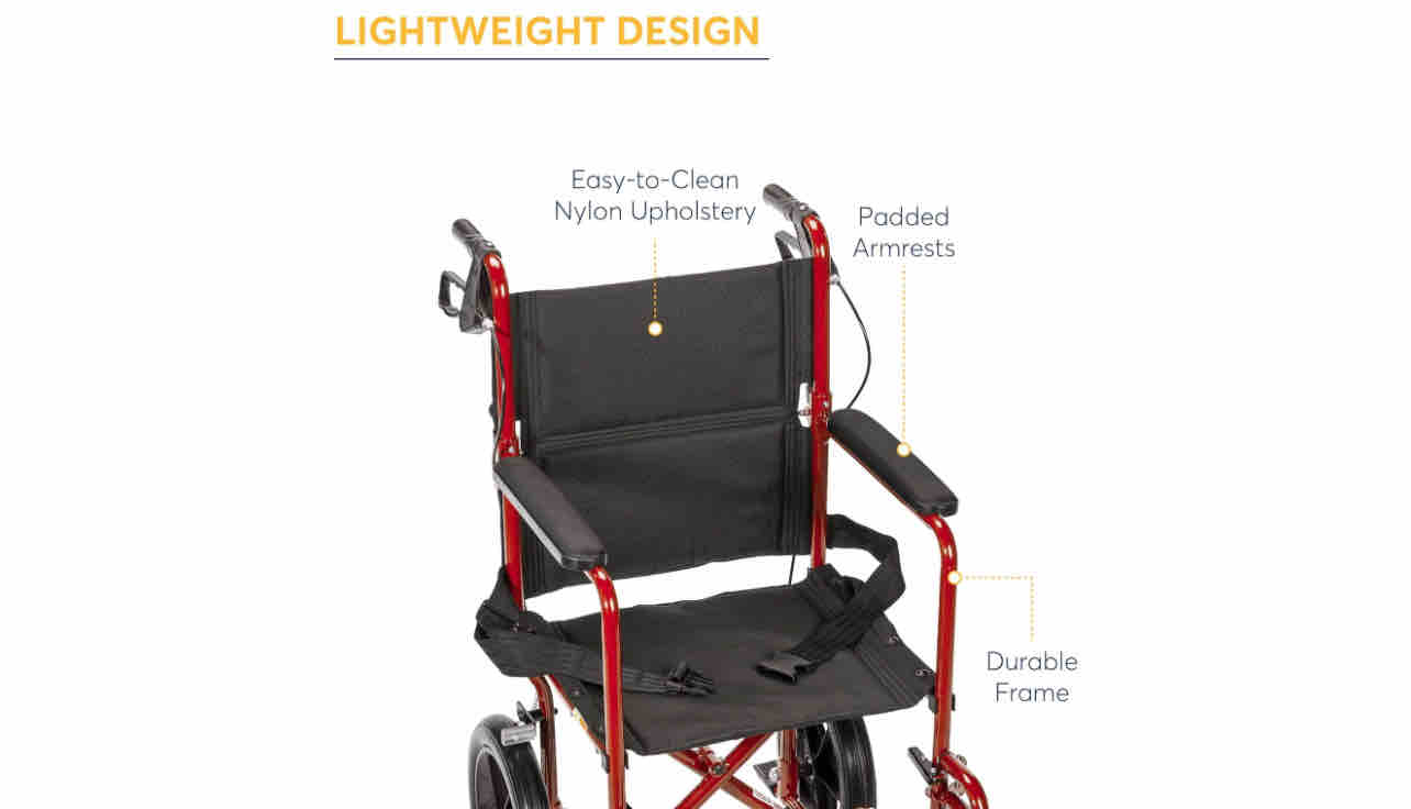 Drive Medical Lightweight Expedition Red Transport Wheelchair with Hand Brakes