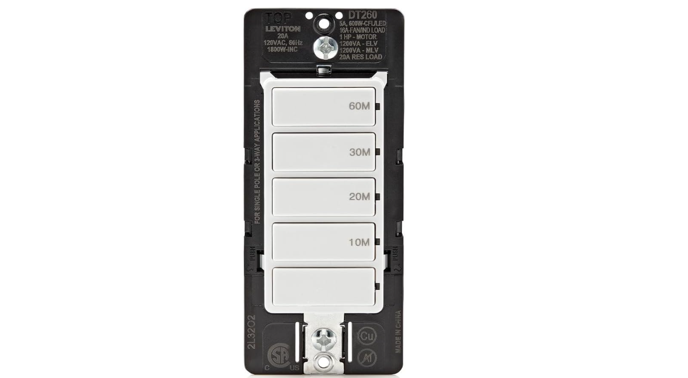 Leviton DT260-1LW Countdown Switch for bathroom household lights, 10-20-30-60 min, Neutral Wire Required, 20A, 1HP/16A Fan/Motor, Single Pole, Way or Multi-Timer, White, 20-Amp