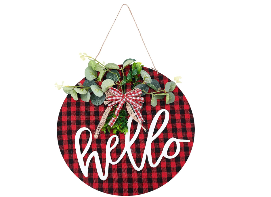 SUPERDANT Hanging Hello Sign Front Door Black and Red Plaid Stripes Round Hello Welcome Sign with Wreath and Bow Hanging for Farmhouse Porch Front Door Wall Decoration