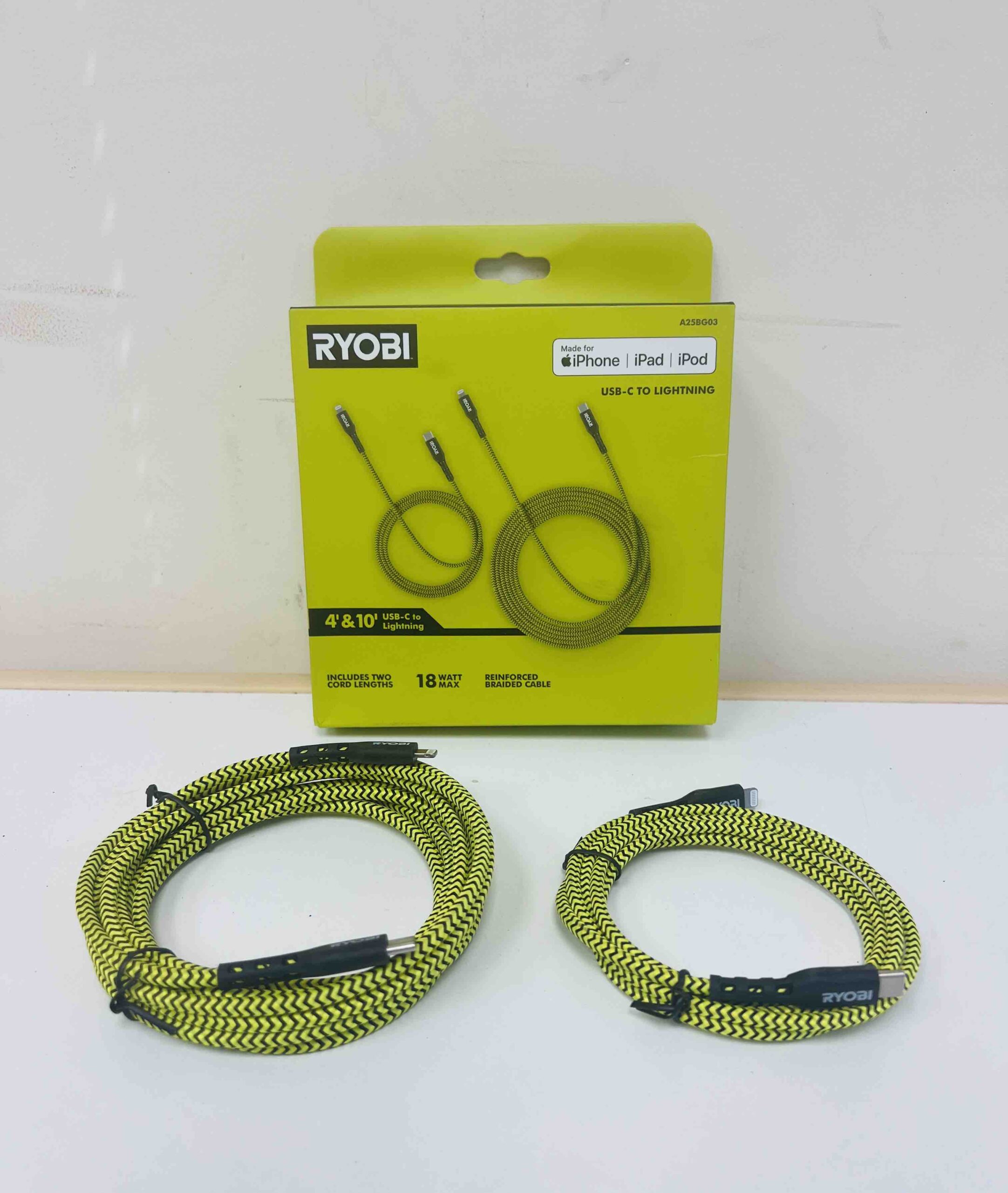 RYOBI 4-ft. and 10-ft. Nylon Reinforced Braided Lightning USB-C Cables Made For iPhone, iPad, iPhone