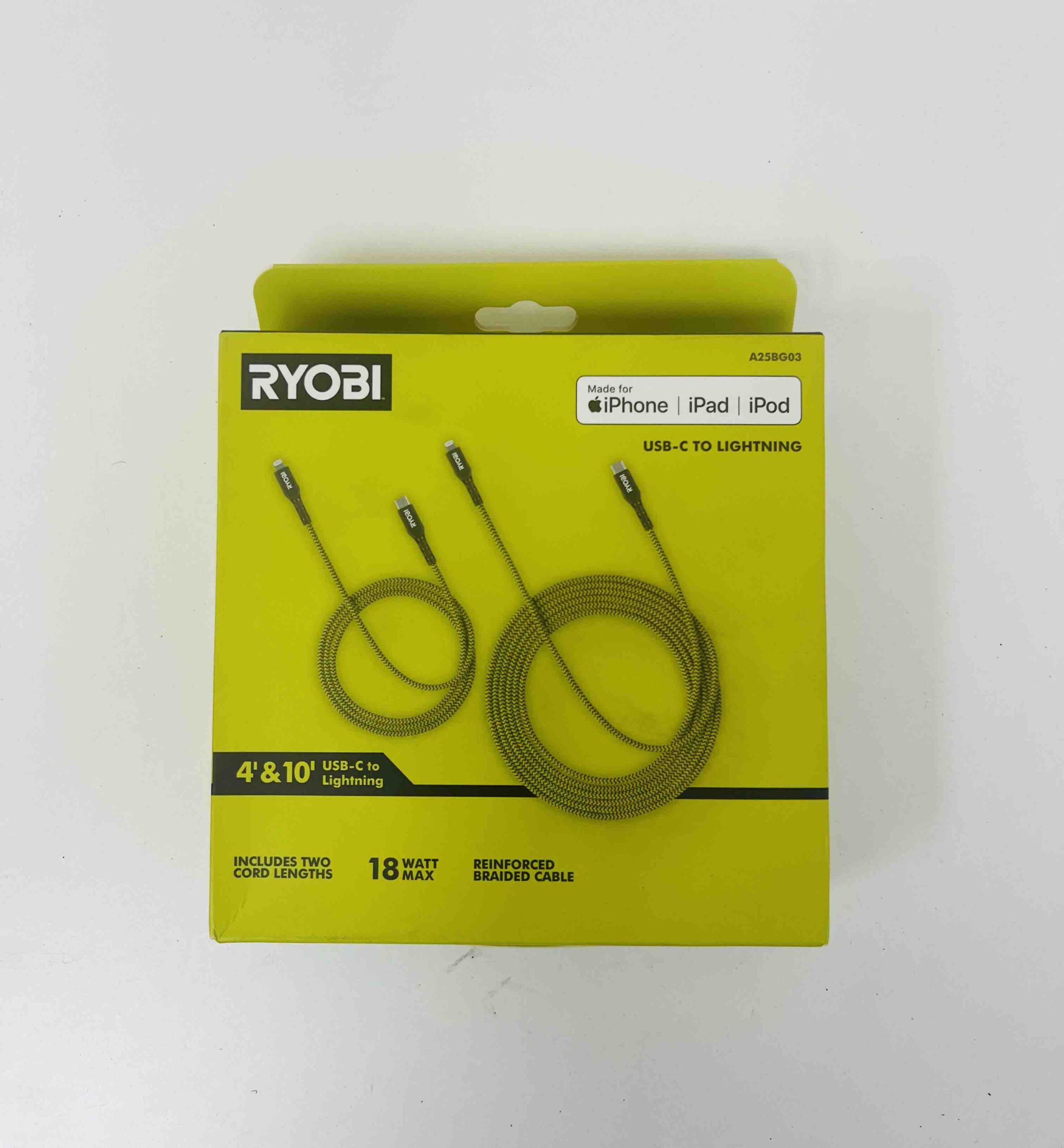 RYOBI 4-ft. and 10-ft. Nylon Reinforced Braided Lightning USB-C Cables Made For iPhone, iPad, iPhone