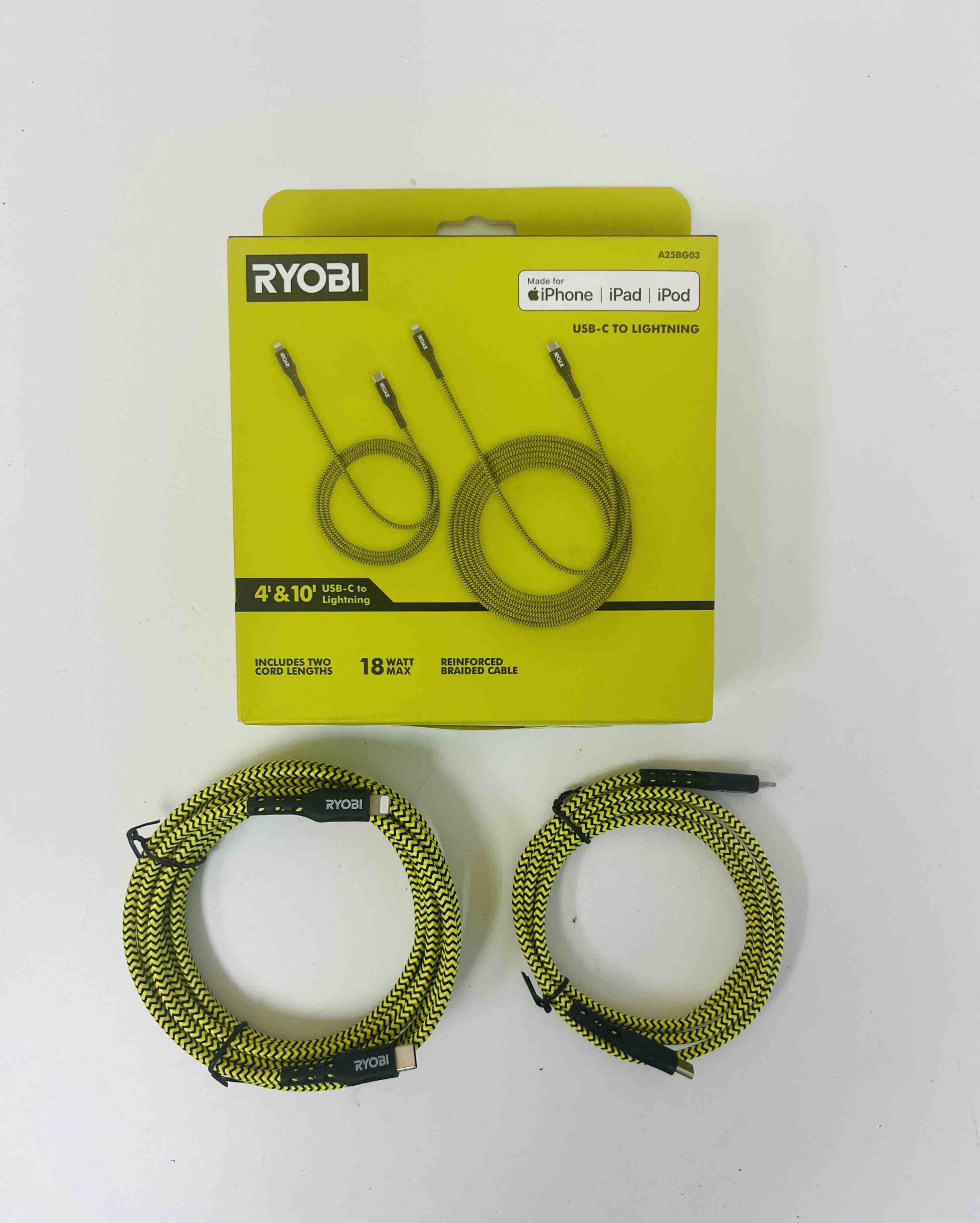 RYOBI 4-ft. and 10-ft. Nylon Reinforced Braided Lightning USB-C Cables Made For iPhone, iPad, iPhone