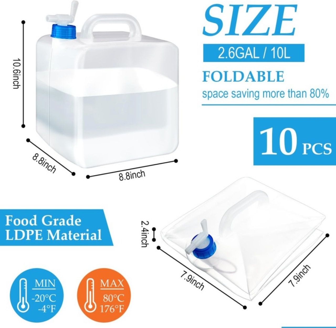 Lallisa 10-Pack Collapsible Water Container with Spigot (2.6 Gallons)