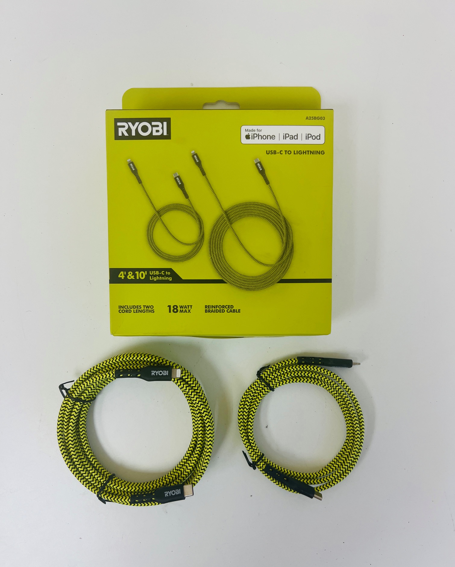 RYOBI 4-ft. and 10-ft. Nylon Reinforced Braided Lightning USB-C Cables Made For iPhone, iPad, iPhone