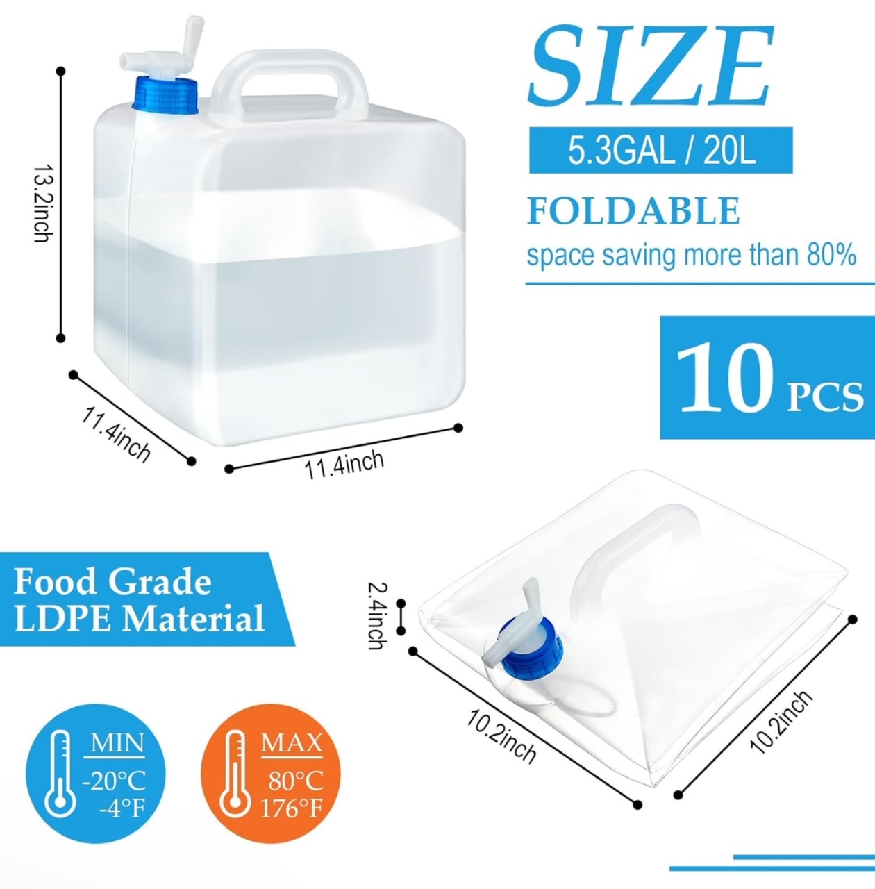 Lallisa 10-Pack Collapsible Water Container with Spigot (5.3 Gallons)