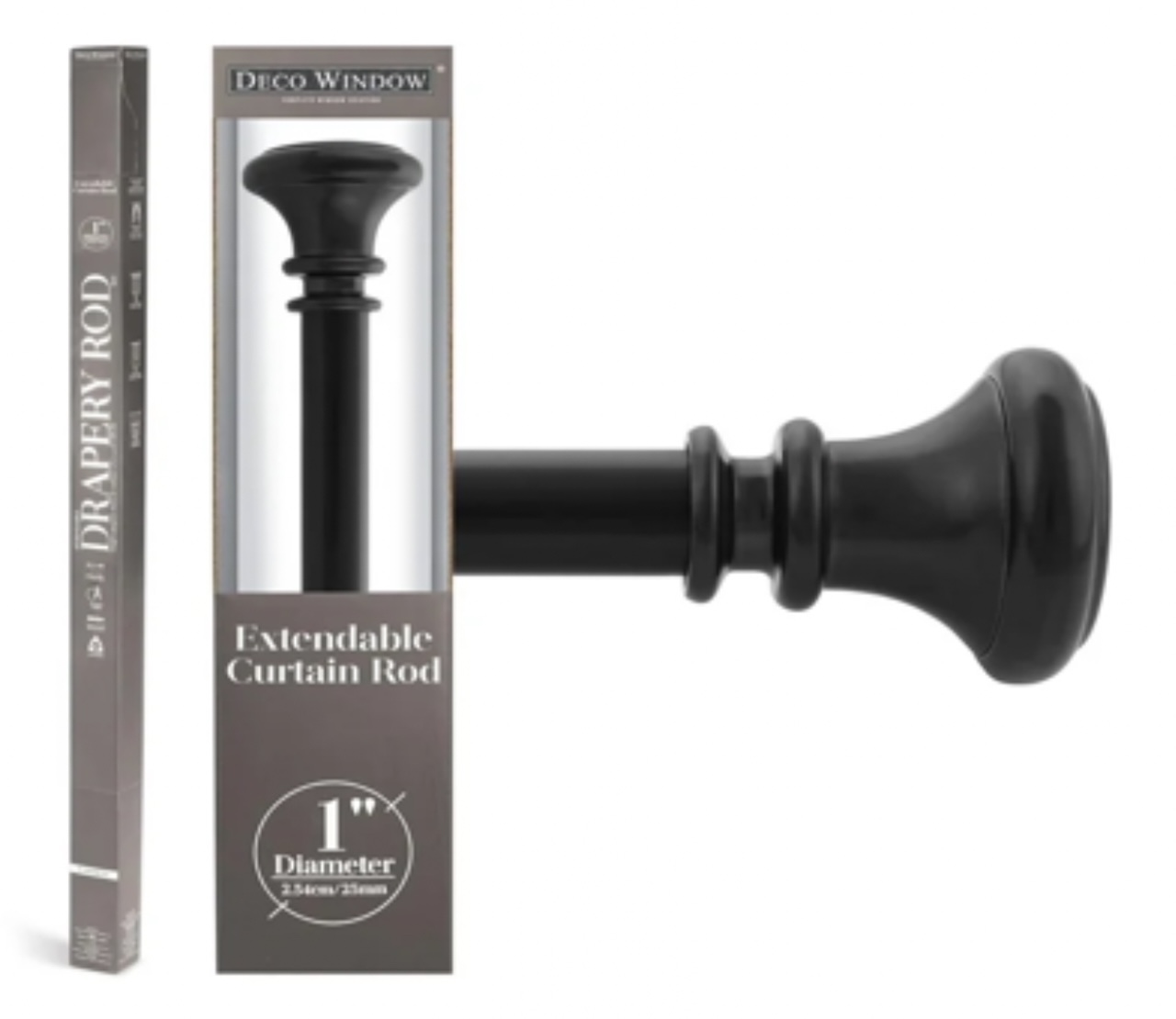Deco Window 36"-66" Extendable Drapery/Curtain Rod for Windows, with Designer Finials, Matte Black