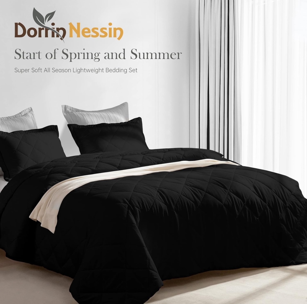 Dorrin Nessin Black Lightweight Twin Comforter Bedding Set, 1 Cooling Blanket, 2 Pillows