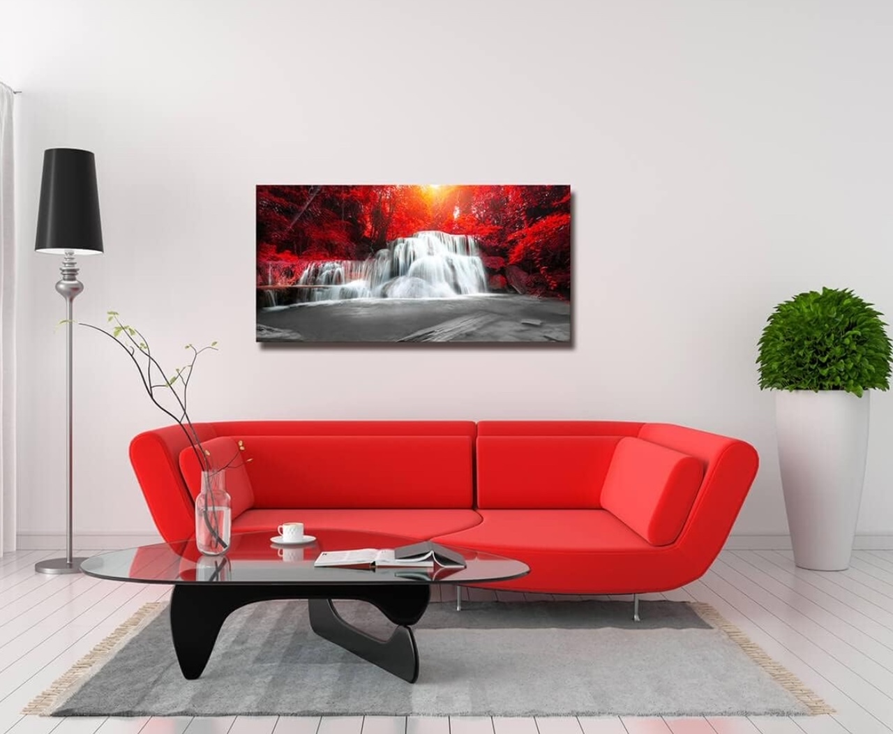 YNLART Black and White Waterfall with Red Forest Landscape Painting Canvas Wall Decor, Wooden Framed, Ready to Hang (20"x40")