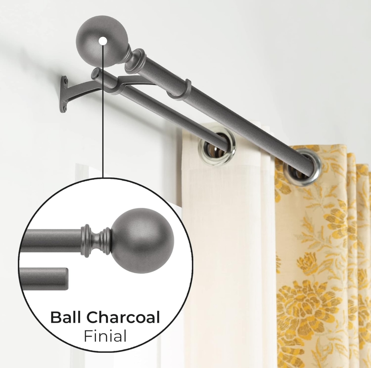 Deco Windows 52"-144" Extendable Drapery/Curtain Rod with Round Finials, Charcoal