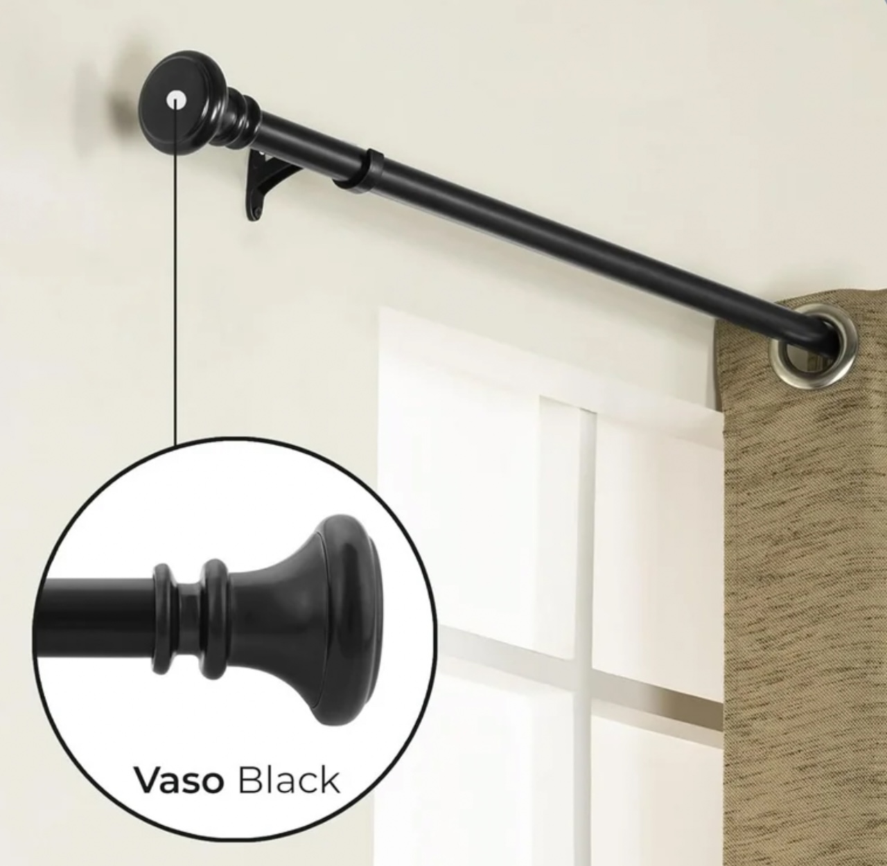 Deco Window 36"-66" Extendable Drapery/Curtain Rod for Windows, with Designer Finials, Matte Black