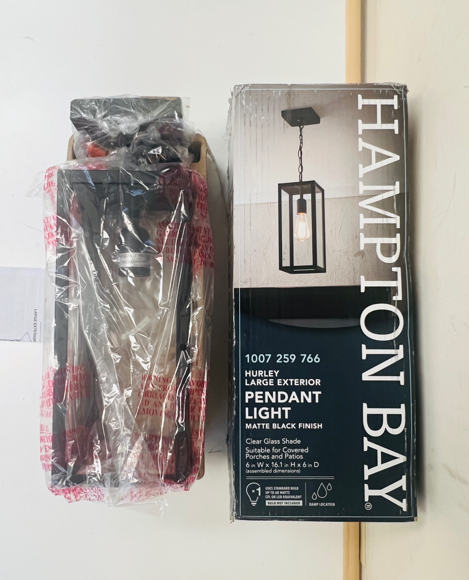 Hampton Bay Hurley Modern 1-Light Matte Black Hardwired Outdoor Hanging Pendant Light