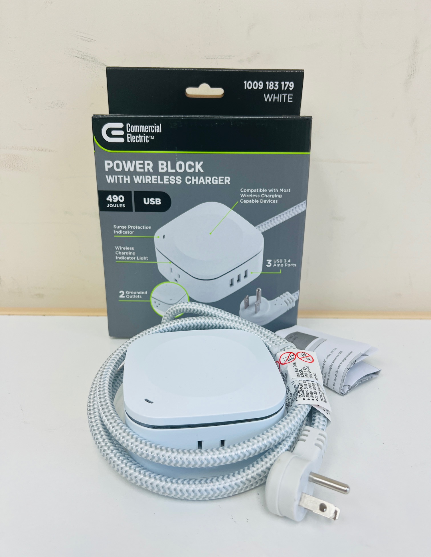 Commercial Electric 2-Outlet 3 USB-A Surge Protector wit Qi Charge