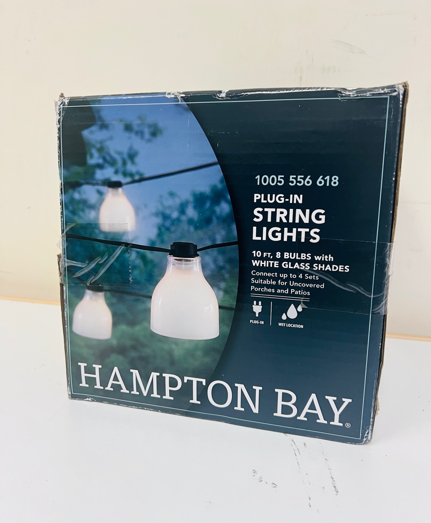 Hampton Bay 10-Ft. 8 Bulbs Indoor/Outdoor Plug-In String Lights with White Glass Shades
