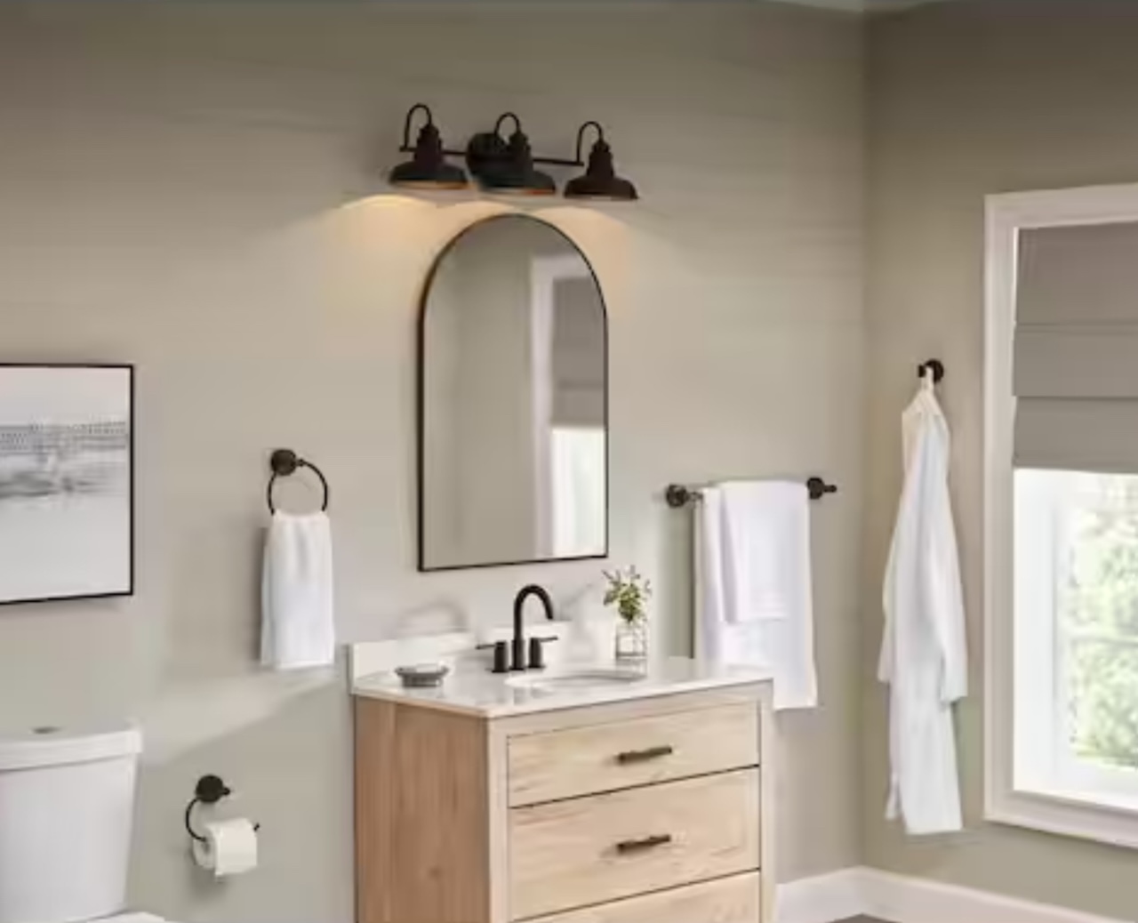 Hampton Bay Elmcroft 29" 3-Light Matte Black Farmhouse Vanity, 4-Piece Bath Set Accessory Kit