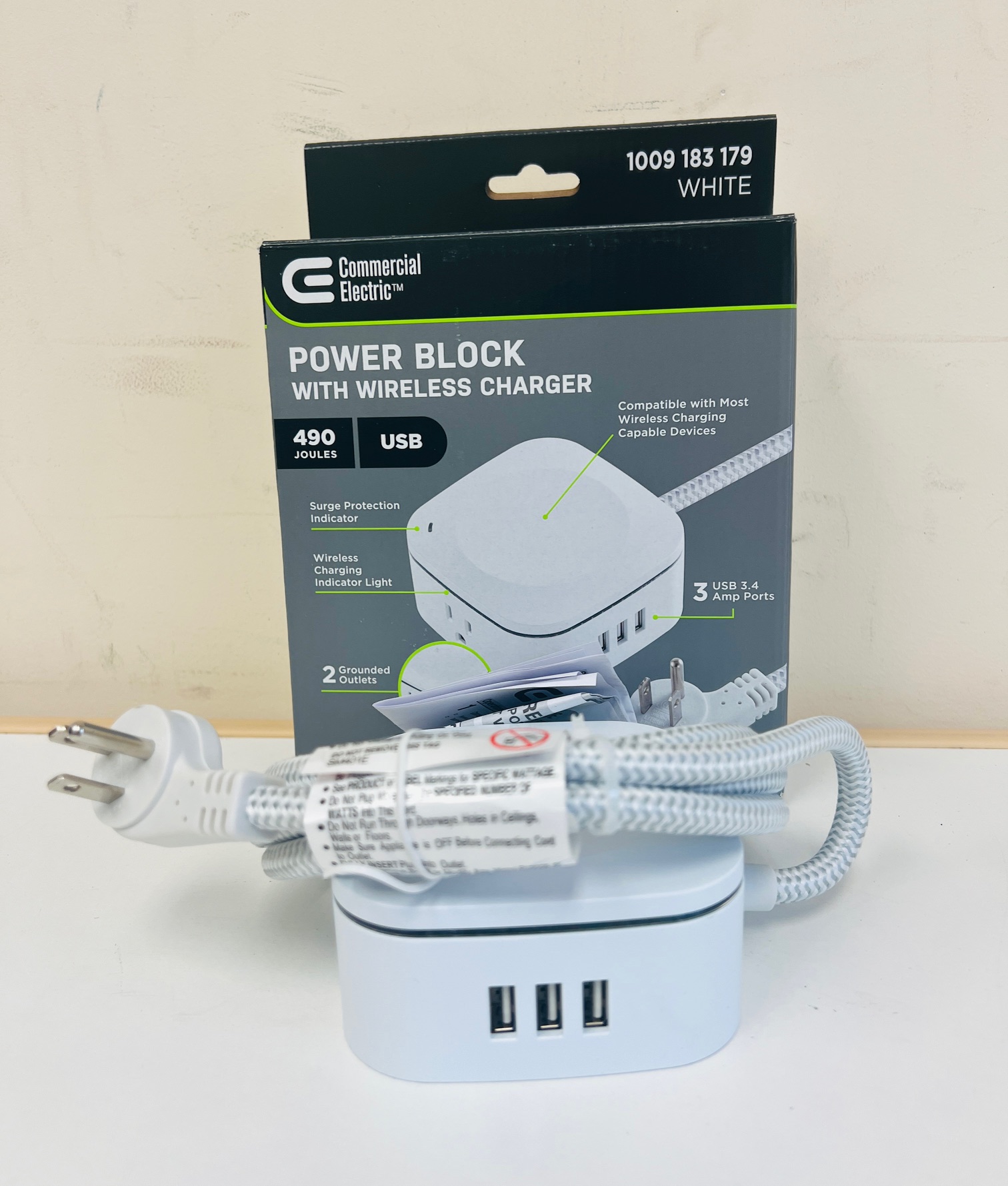 Commercial Electric 2-Outlet 3 USB-A Surge Protector wit Qi Charge
