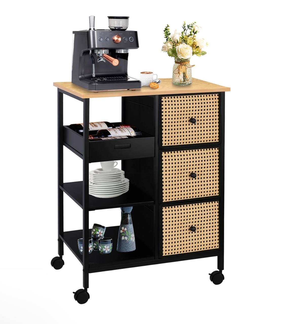 ZYBT Rattan Kitchen Island Cart with Tiered Storage, Coffee Bar Cart, Wood Frame