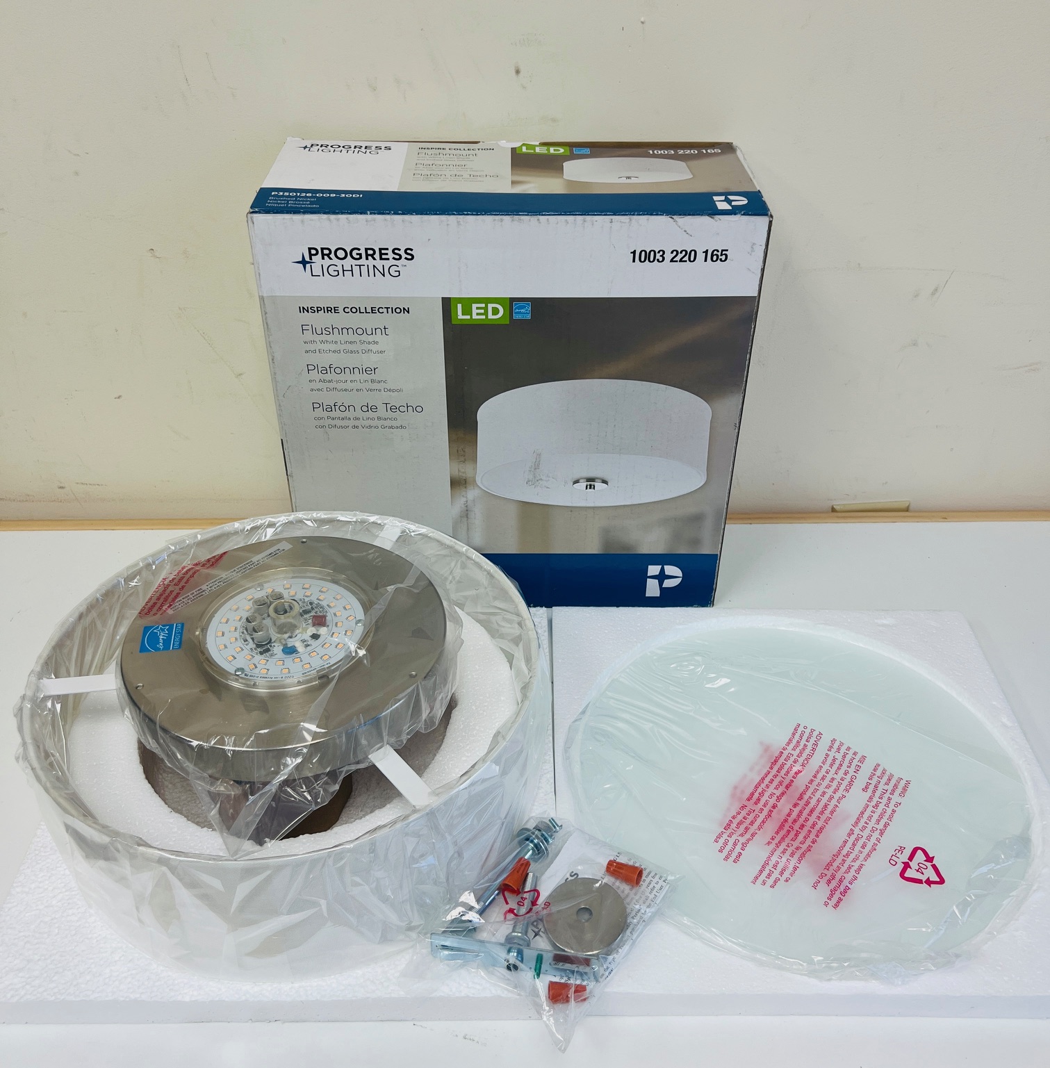 Progress Lighting 13" Integrated LED Brushed Nickel Drum Ceiling Light with White Linen Shade
