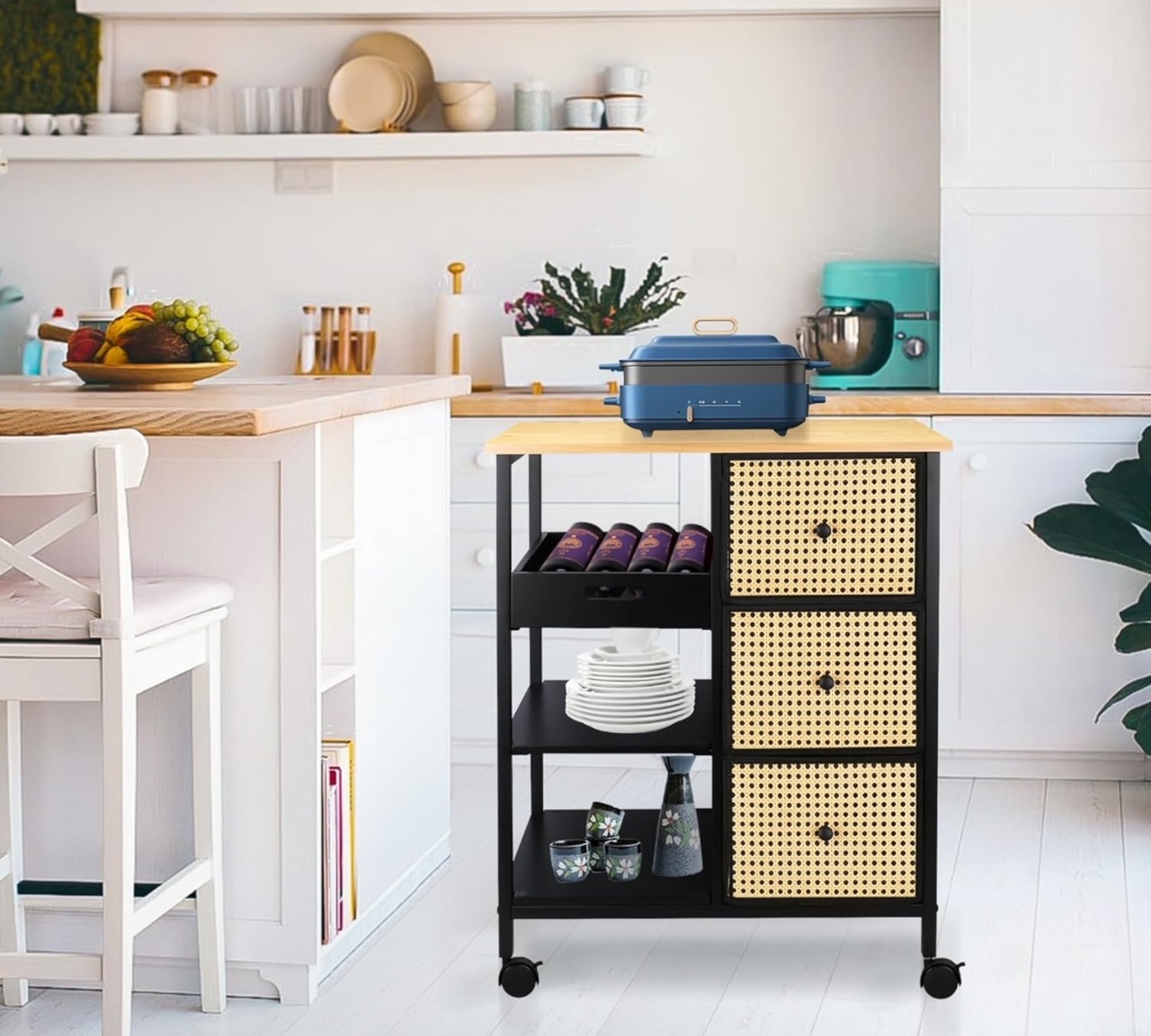 ZYBT Rattan Kitchen Island Cart with Tiered Storage, Coffee Bar Cart, Wood Frame