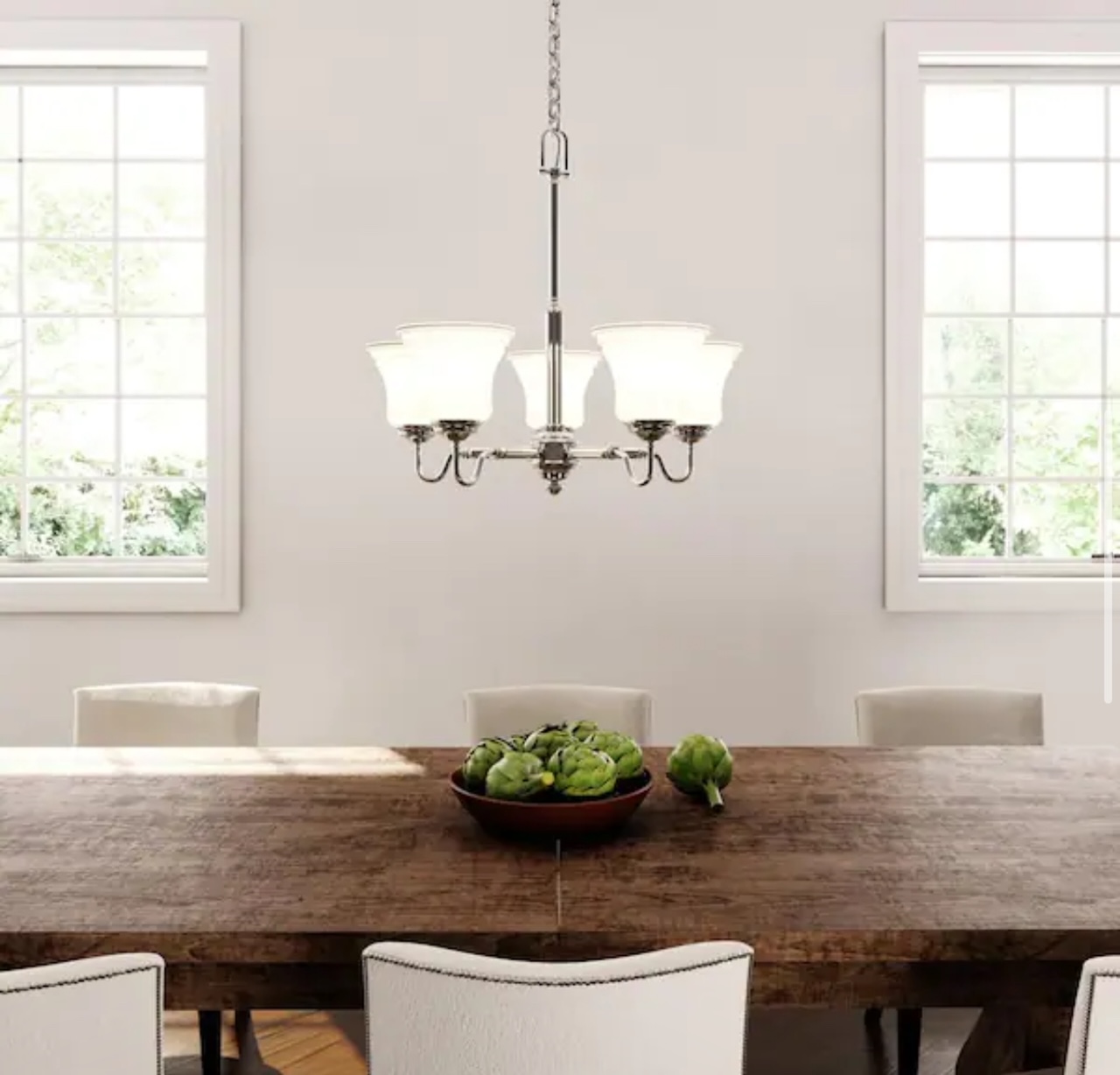 Hampton Bay Creekford 5-Light Brushed Nickel Chandelier with Frosted Glass Shades