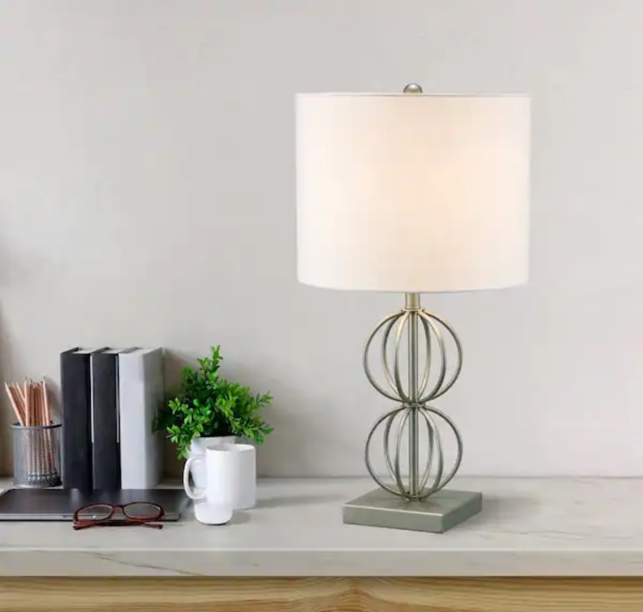 Monteaux Lighting 23" 1-Light Table Lamp with Geometric Metal Base, Fabric Lamp Shade
