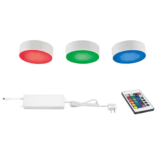 Commercial Electric Plug-in 3-Light LED RGBW Puck Light With Color Changing, White - 21393KIT-WH