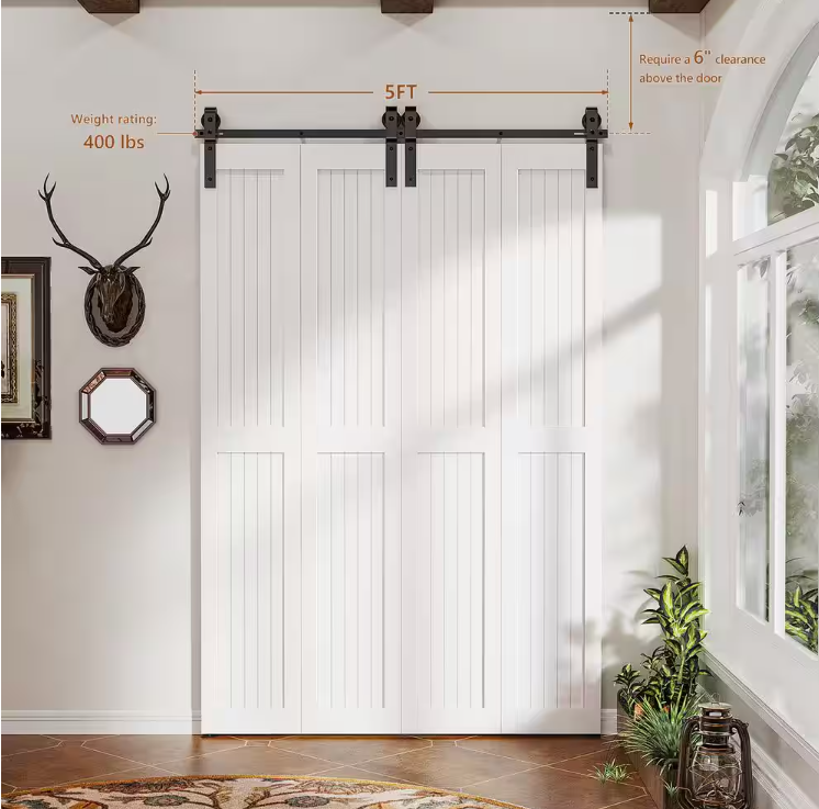 5 ft. J-Shaped Bi-Fold Sliding Barn Door Kit for 4 Doors, Black Steel