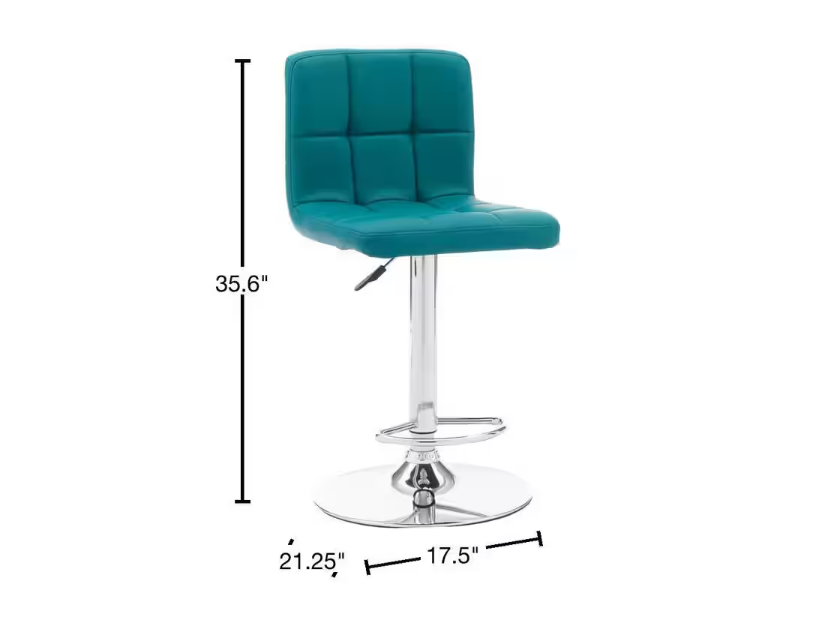 Chad 35.6 in. H - 44 in. H Teal Faux Leather Chrome Adjustable Barstool with Faux Leather Seat