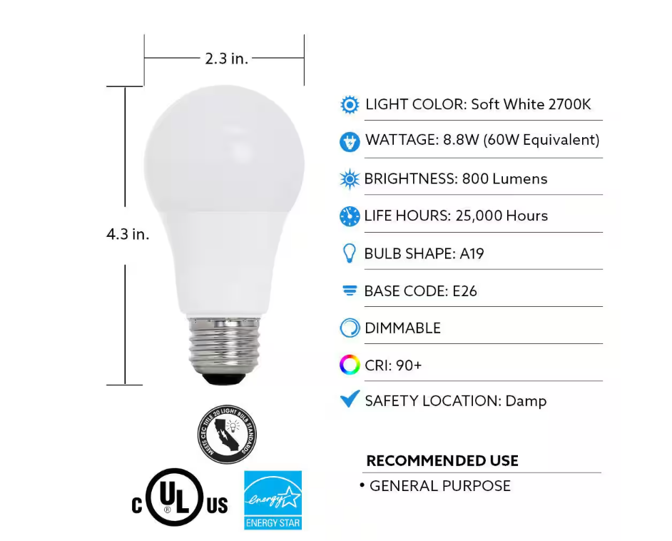 Feit Electric - 60-Watt Equivalent A19 Dimmable CEC Title 20 Compliant ENERGY STAR 90+ CRI E26 LED Light Bulb, Soft White 2700K (4-Pack)