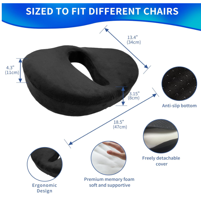 Ergonomic Seat Cushion, Office Chair, Car Seat Cushions, Extra Think Memory Foam Butt Pillow for Sciatica, Tailbone, Coccyx, Back Pain Relief – Washable Gray n Black Covers