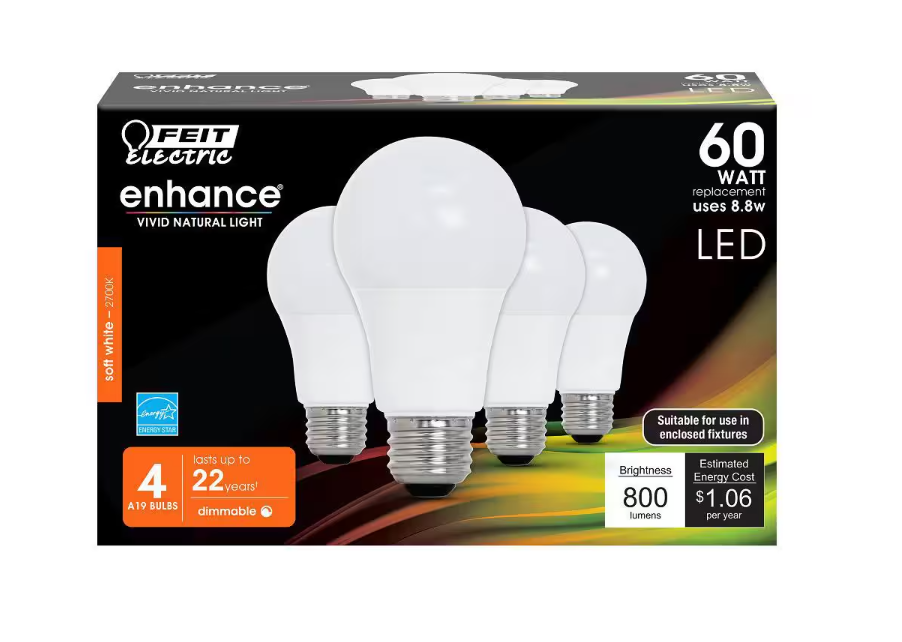 Feit Electric - 60-Watt Equivalent A19 Dimmable CEC Title 20 Compliant ENERGY STAR 90+ CRI E26 LED Light Bulb, Soft White 2700K (4-Pack)