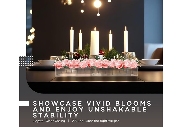 Acrylic Flower Vase Rectangular - 23 in. Acrylic Vases for Centerpieces with 24 Holes - Thick, Leakproof, Sturdy Low Vases for Centerpieces for Dining & Wedding Table Décor