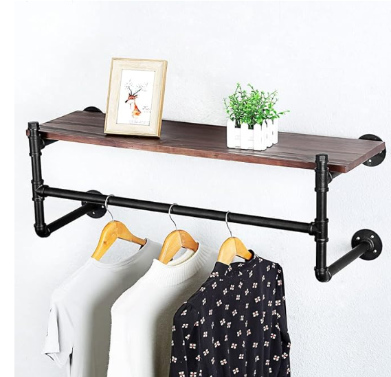 36 in. -(1 Layer) Industrial Pipe Clothing Rack Wall Mounted Wood Shelf