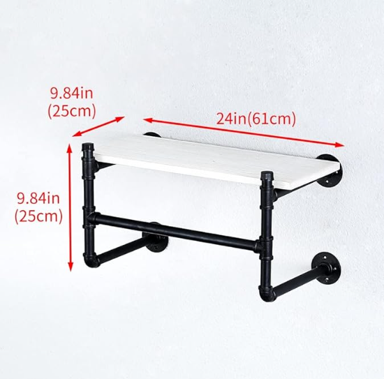 24 in. - (1 Layer) C- Industrial Pipe Clothing Rack Wall Mounted Wood Shelf