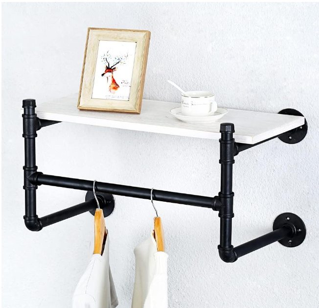 24 in. - (1 Layer) C- Industrial Pipe Clothing Rack Wall Mounted Wood Shelf