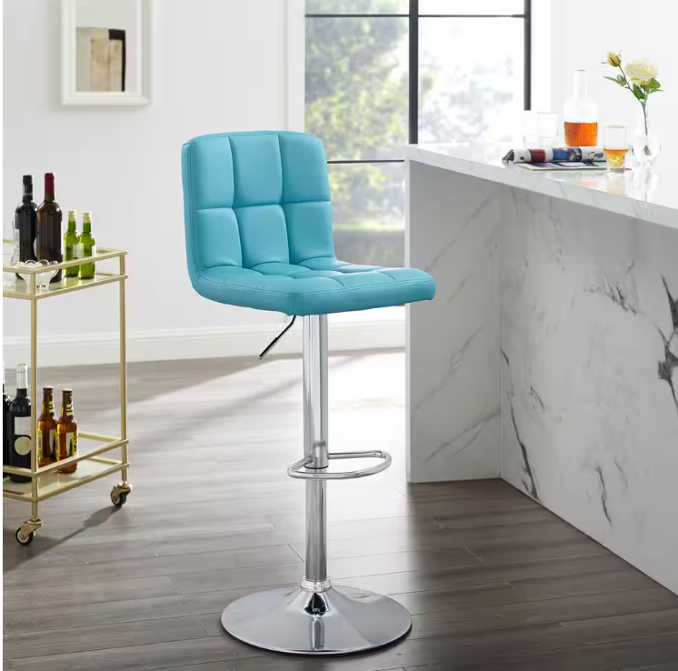 Chad 35.6 in. H - 44 in. H Teal Faux Leather Chrome Adjustable Barstool with Faux Leather Seat