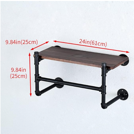 24 in. - (1 Layer) B - Industrial Pipe Clothing Rack Wall Mounted Wood Shelf