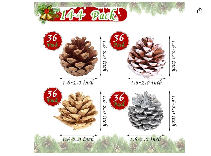 144 Pcs Natural Pine Cones, Christmas Pinecones Ornaments, Rustic Pine Cone Decorations for DIY Crafts, Home, Thanksgiving, Christmas, Halloween, Craft