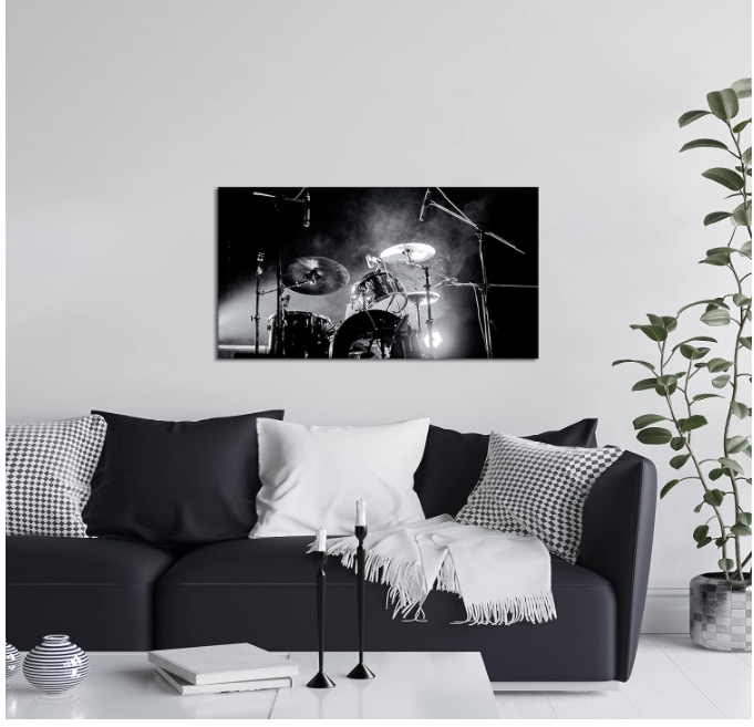 DuoBaorom Large Black and White Music Canvas Wall Art Shelf Drum Set Musical Instruments Theme Picture Print for Bedroom Living Room Ready to Hang 20x36inch