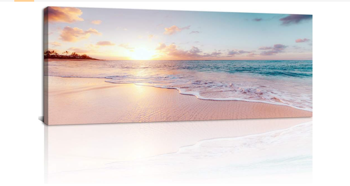 Derkymo Seascape Wall Art Pink Beach Sunrise White Wave Pictures Print Canvas Wall Art Modern Stretched Seaview Landscape Artwork for Home Office Decorations 16"x40"