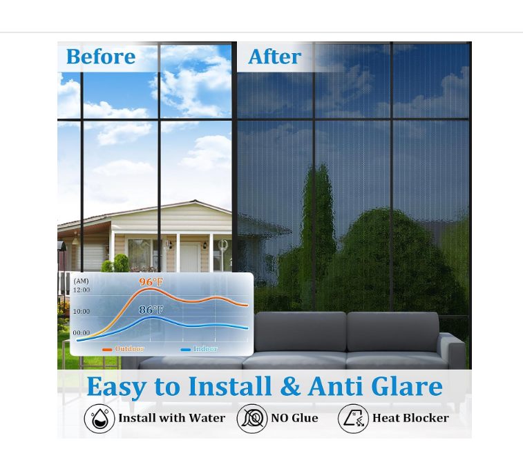 Coavas One Way Privacy Window Film Heat Blocking Home Window Tint See Out Not in Mirror Reflective Sun UV Blocker Static Cling Cover, House Glass Door, Blue-Silver,23.6x393.7 in