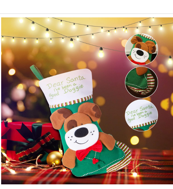 Dog Christmas Stockings Embroidered Pet Puppy Linen Fleece Cuff Socks Ornaments for Xmas Tree Hanging Decor Party Gifts Bag,15''